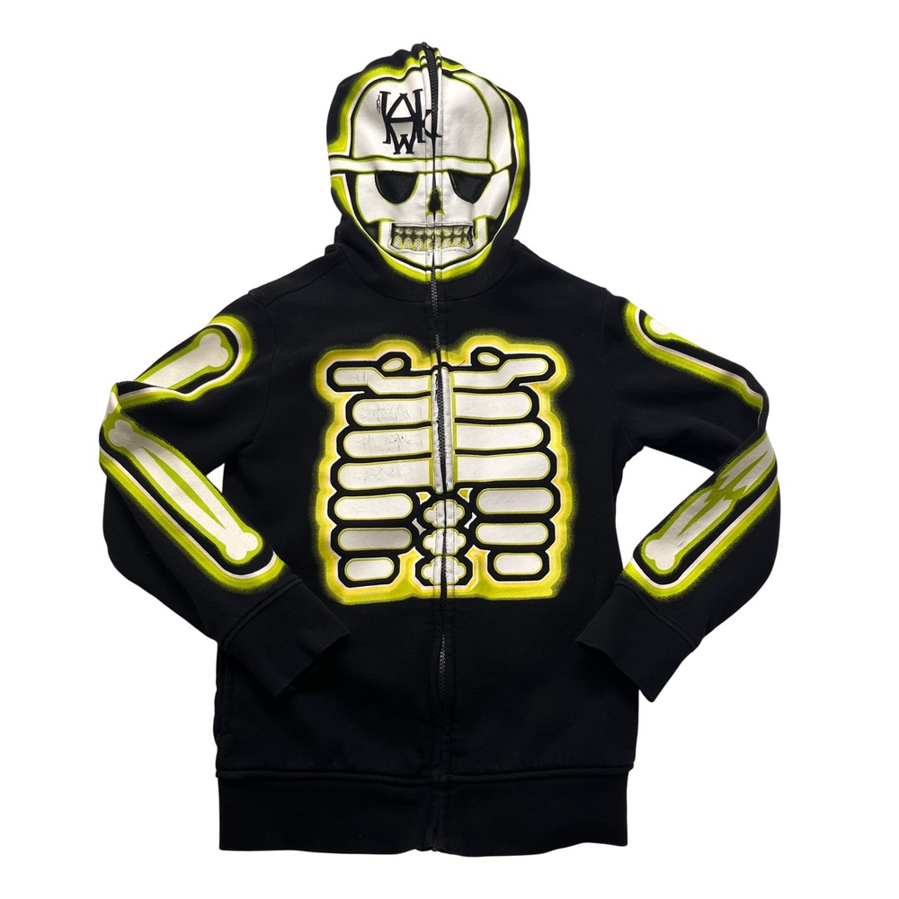 Tony Hawk Skeleton Full Zip Hoodie Black Neon Green Skull Mask Mens Small‎